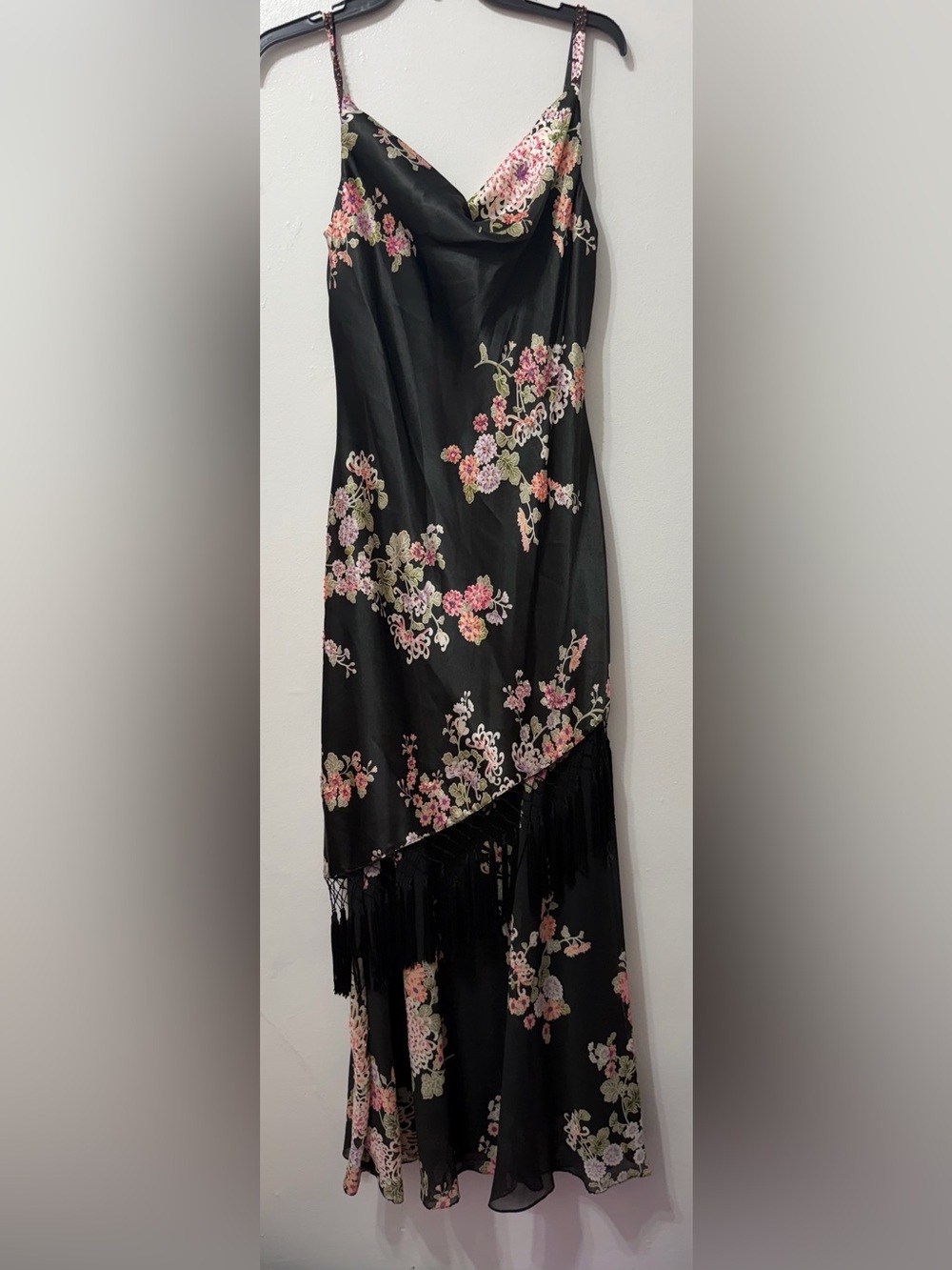 VINTAGE Y2K Alex Evenings Black Floral Fringe Maxi Dress